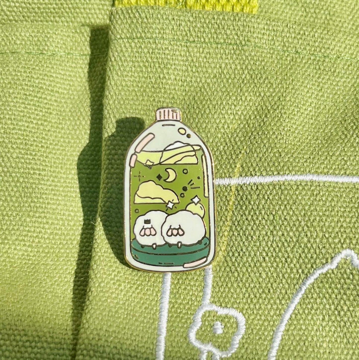 Kawaii Celestial Sheep Bottle Enamel Pin - Cute Teal Green Lapel Pin