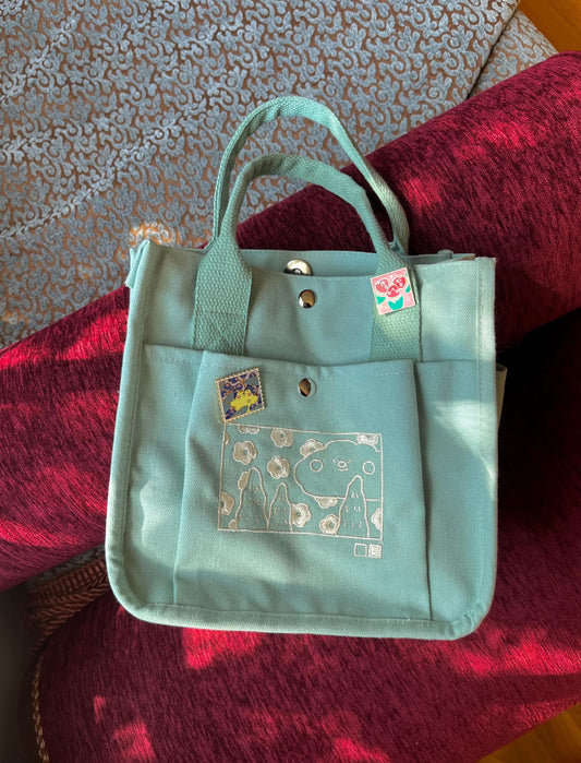 Teal Cloud Embroidered Canvas Tote - Kawaii Aesthetic School Bag