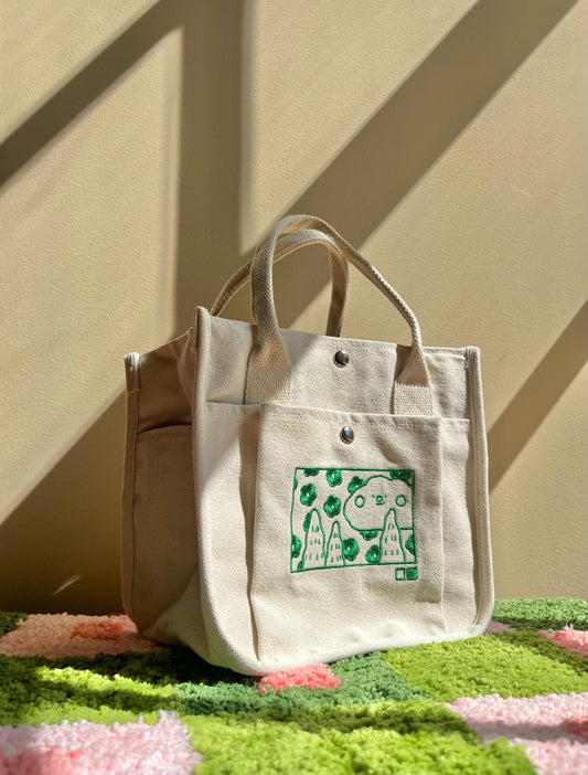 Beige Cloud Embroidered Canvas Tote Bag - Kawaii Aesthetic Lunch Bag