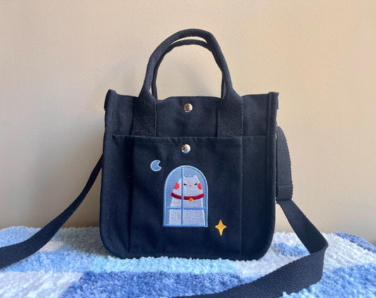 White Cat Embroidered Canvas Tote Bag - Versatile Daily Shoulder Bag