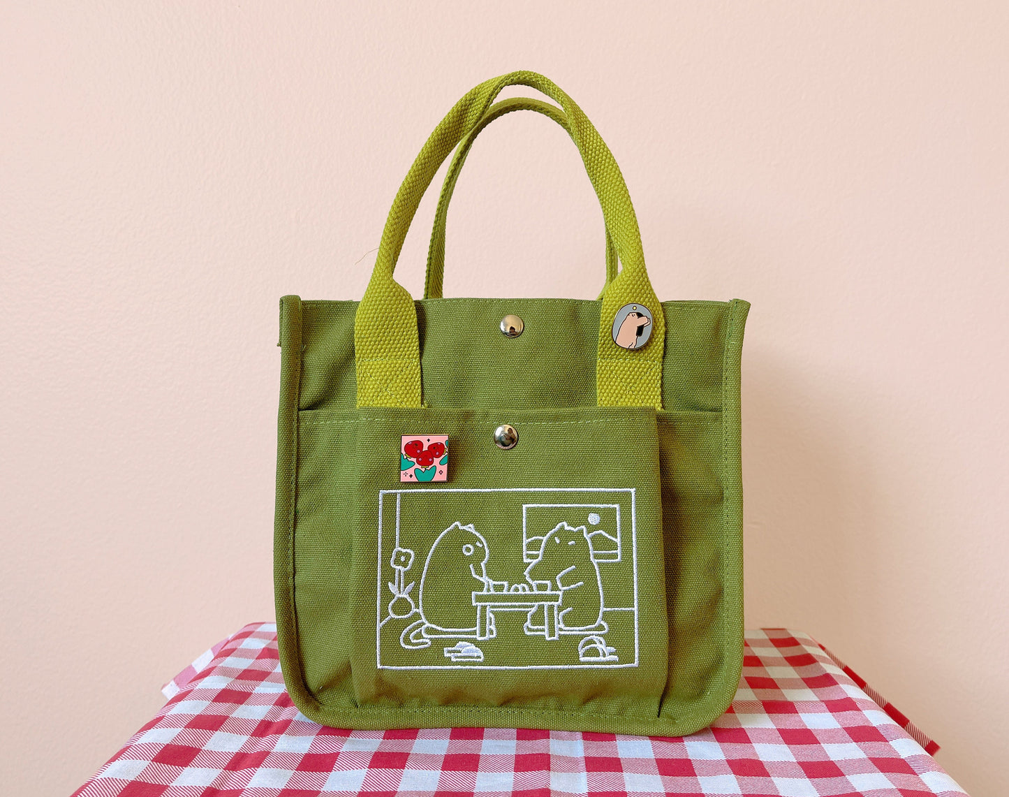 Matcha Cat Embroidered Canvas Tote Bag - Kawaii Daily Shoulder Bag