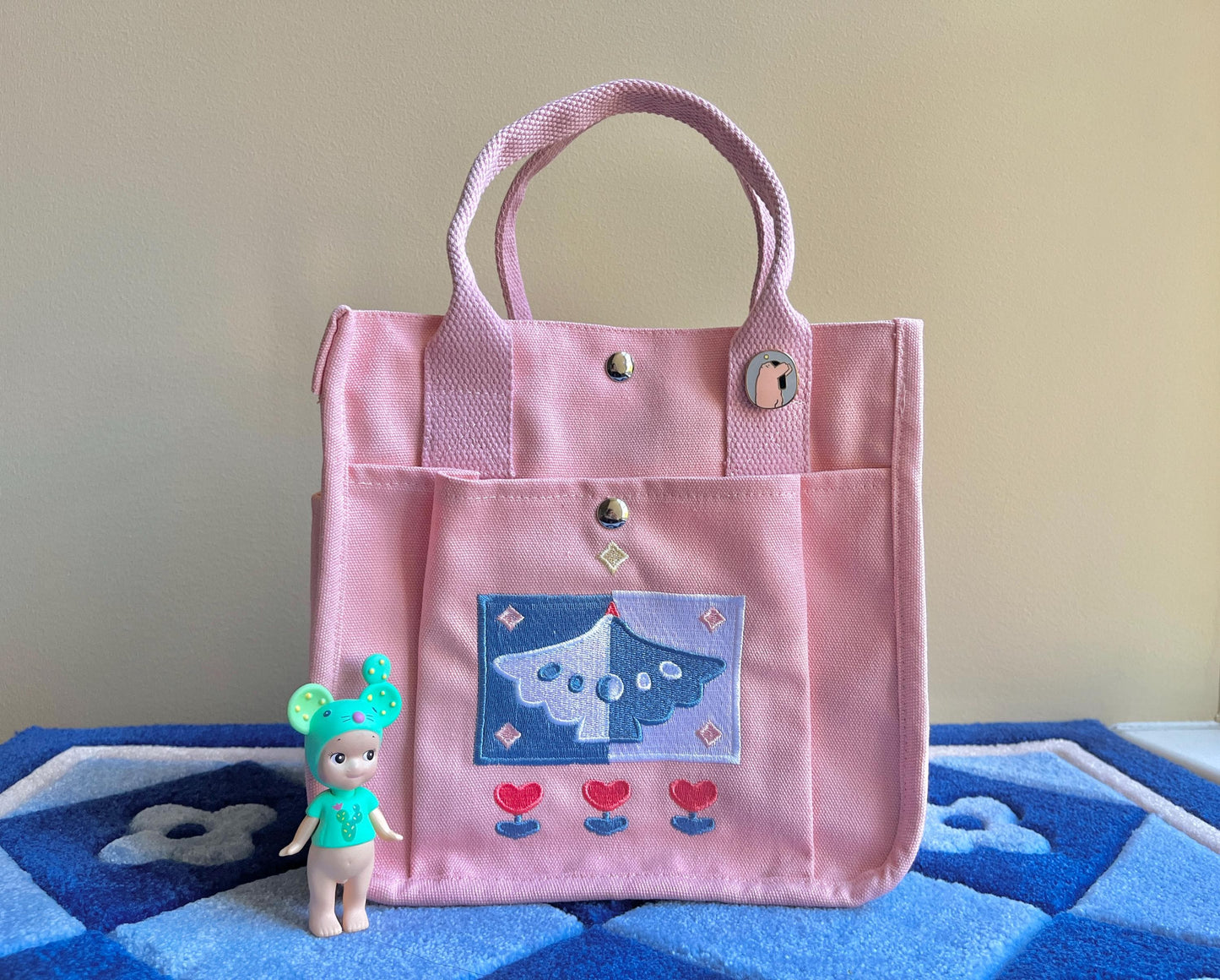 Baby Pink Bird Embroidered Canvas Tote Bag - Kawaii Aesthetic School Bag