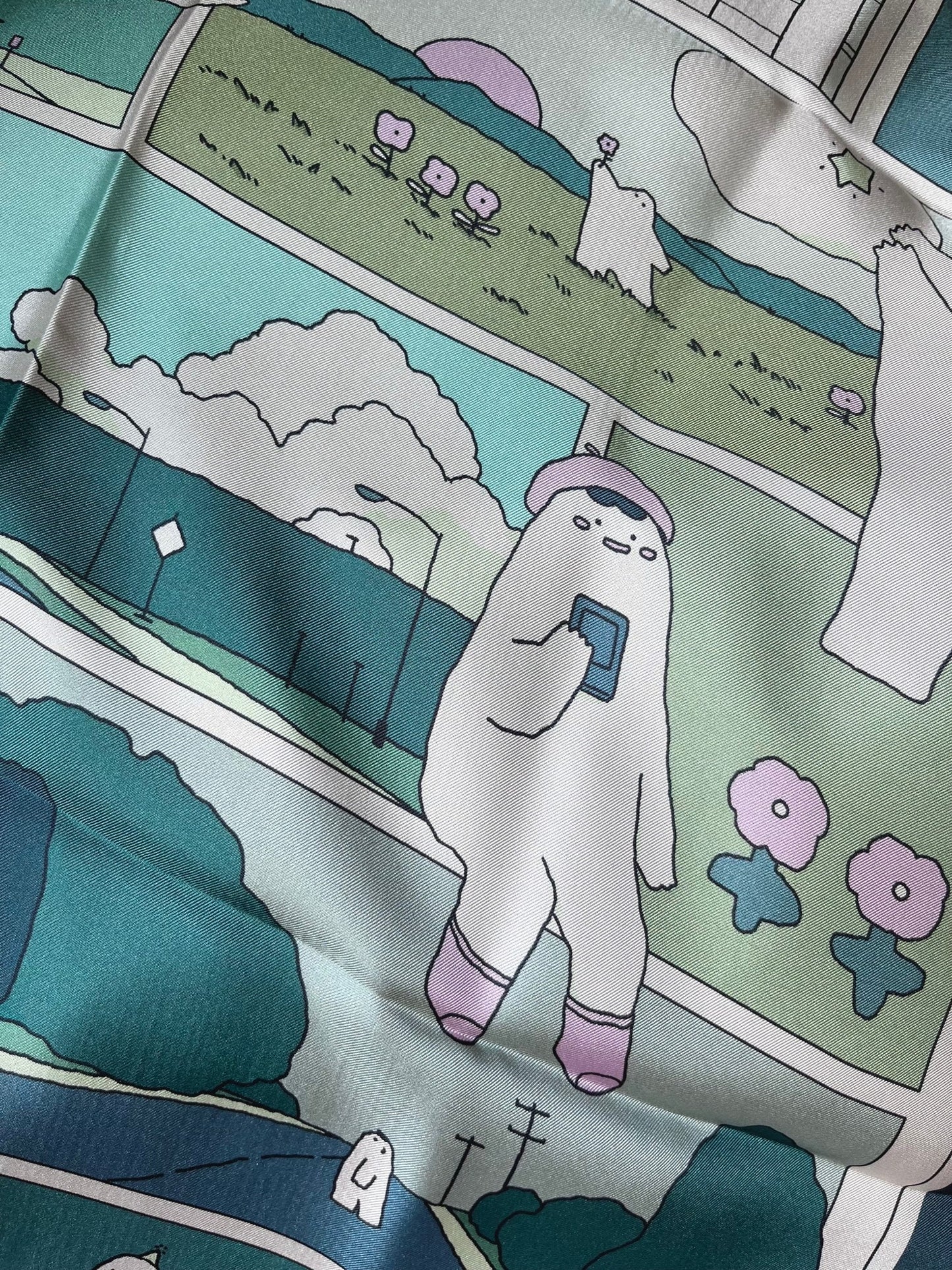 Mochi Man Mulberry Silk Scarf - Kawaii Artsy Accessory for Hair & Bags