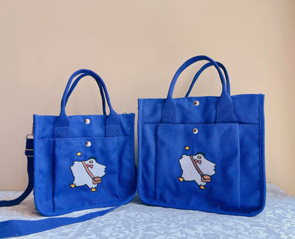 Mailman Duck Embroidered Blue Canvas Tote Bag - Kawaii Aesthetic School & Lunch Bag