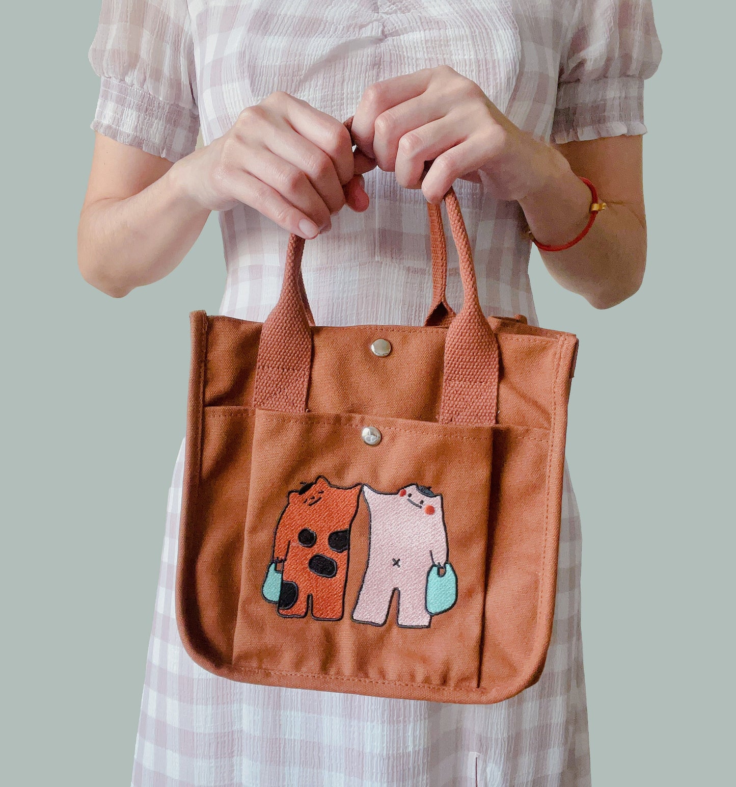 Brown Tiger Cat Embroidered Canvas Tote Bag - Kawaii Vintage School Bag