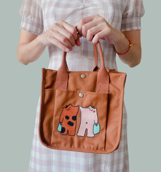 Brown Tiger Cat Embroidered Canvas Tote Bag - Kawaii Vintage School Bag