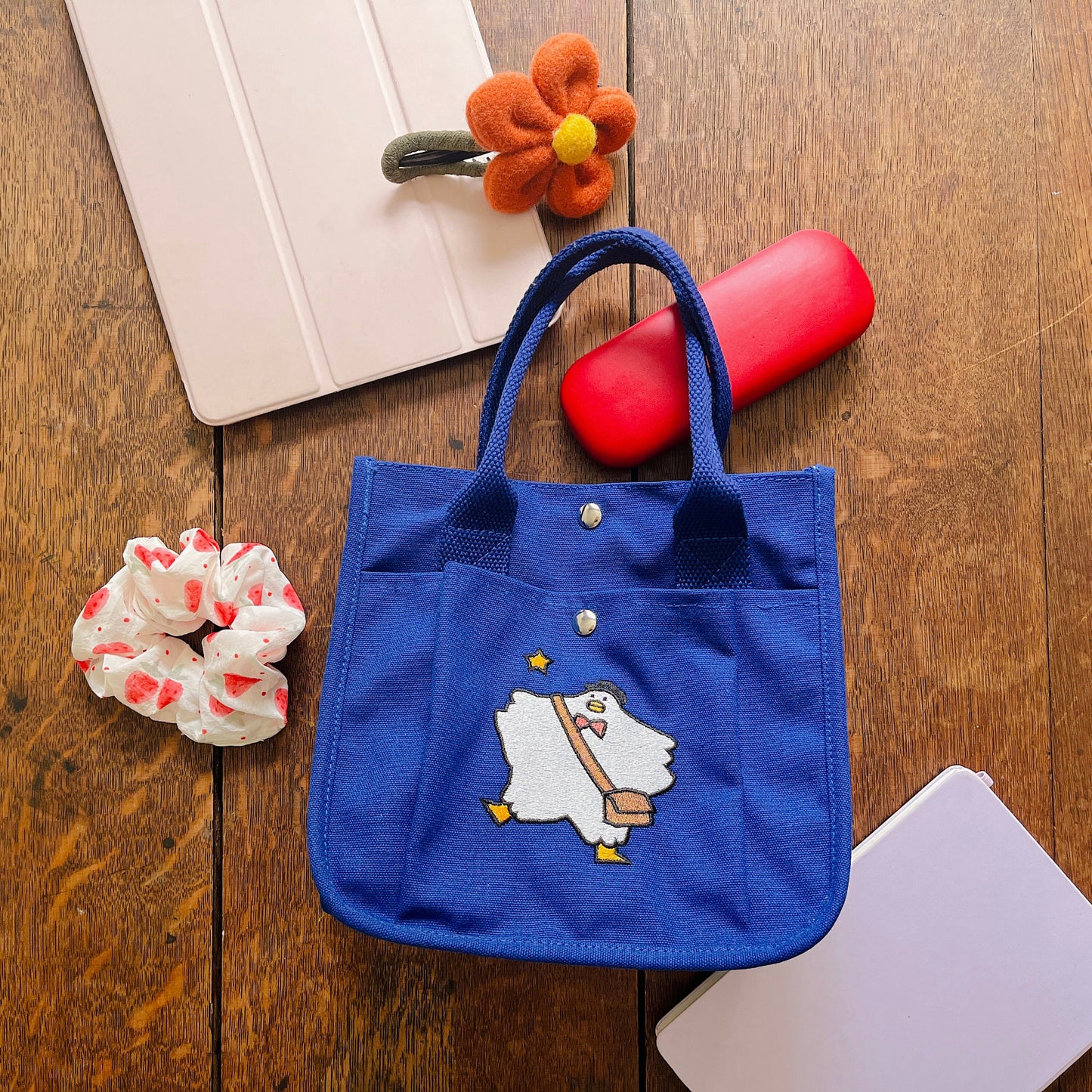 Mailman Duck Embroidered Blue Canvas Tote Bag - Kawaii Aesthetic School & Lunch Bag