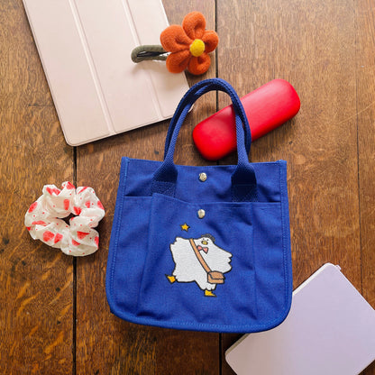 Mailman Duck Embroidered Blue Canvas Tote Bag - Kawaii Aesthetic School & Lunch Bag