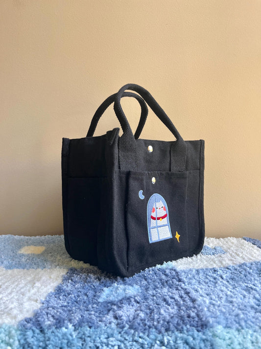 White Cat Embroidered Canvas Tote Bag - Versatile Daily Shoulder Bag