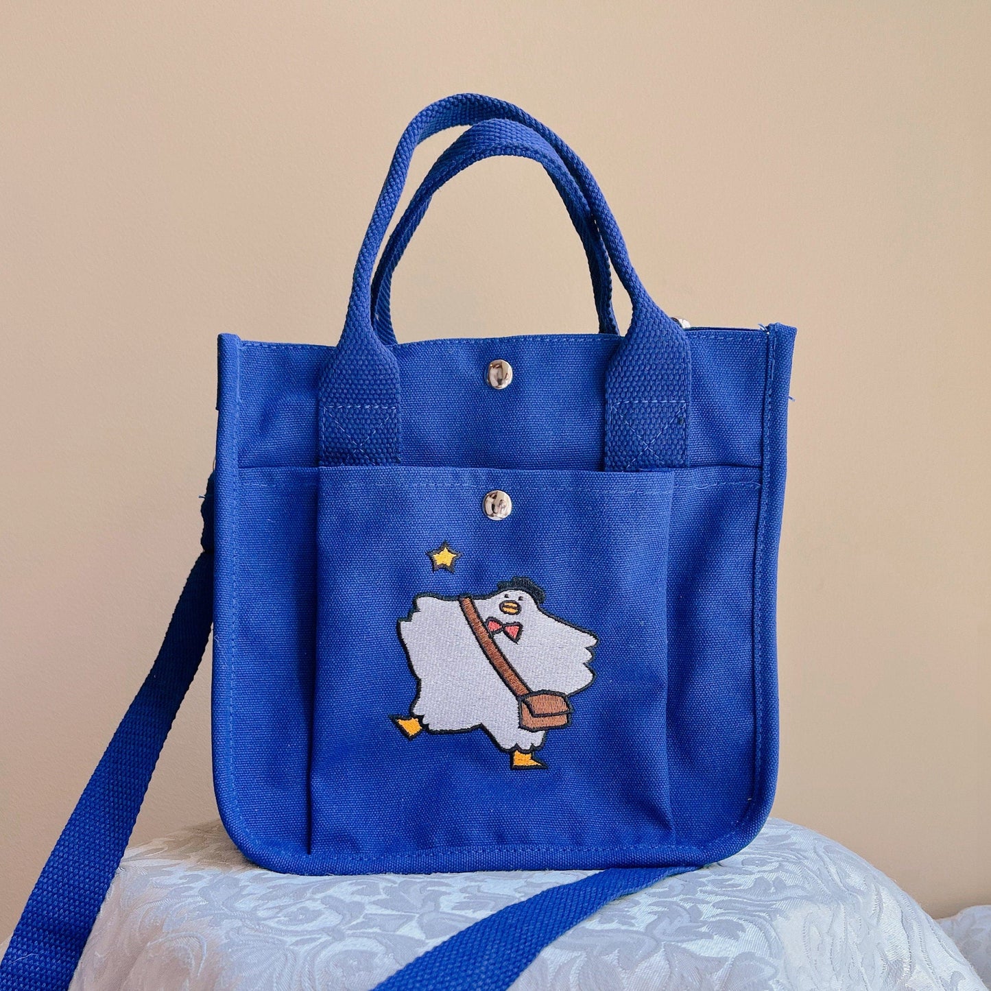 Mailman Duck Embroidered Blue Canvas Tote Bag - Kawaii Aesthetic School & Lunch Bag