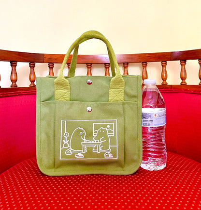 Matcha Cat Embroidered Canvas Tote Bag - Kawaii Daily Shoulder Bag