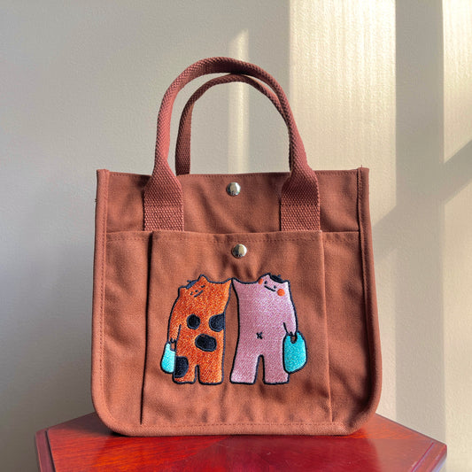 Brown Tiger Cat Embroidered Canvas Tote Bag - Kawaii Vintage School Bag