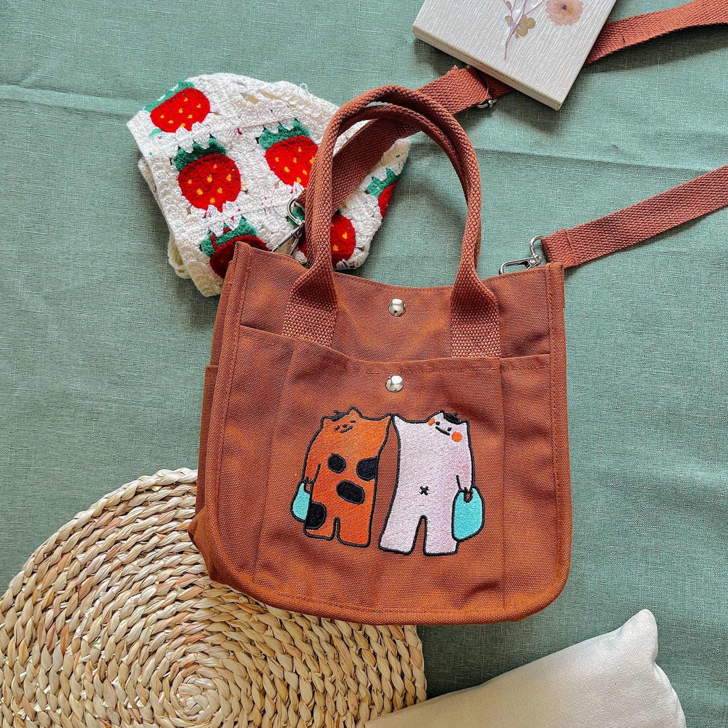 Brown Tiger Cat Embroidered Canvas Tote Bag - Kawaii Vintage School Bag