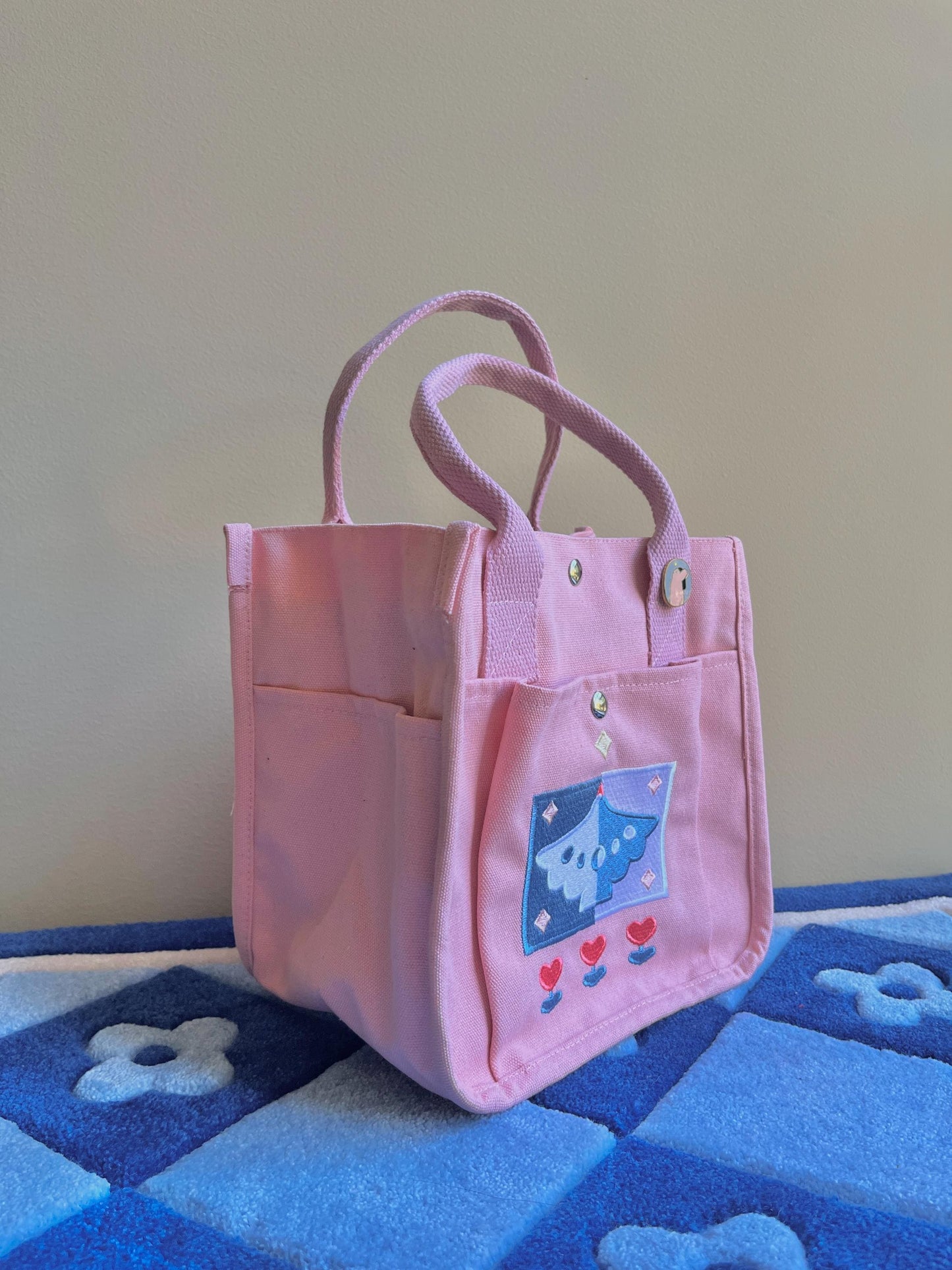 Baby Pink Bird Embroidered Canvas Tote Bag - Kawaii Aesthetic School Bag