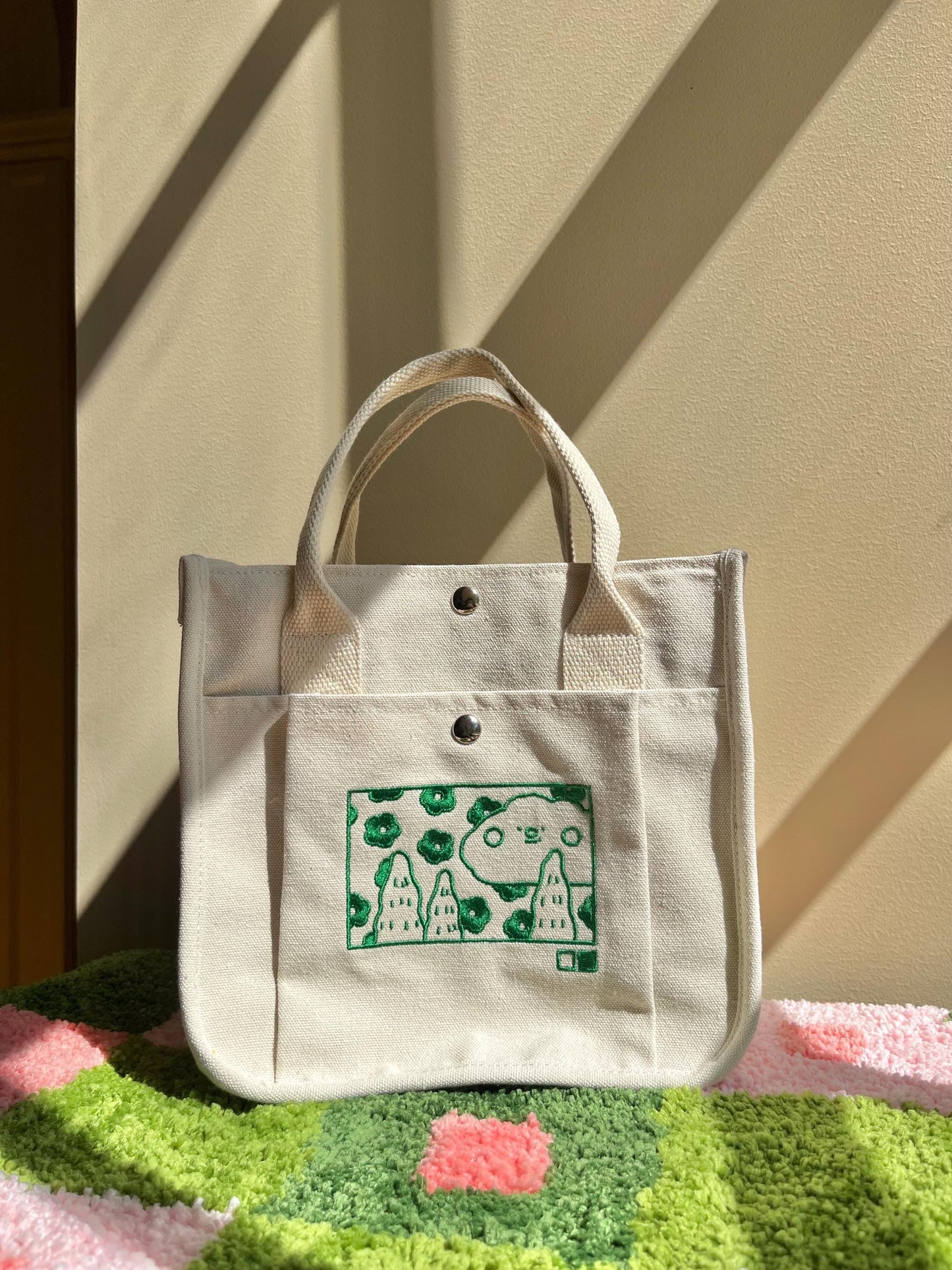 Beige Cloud Embroidered Canvas Tote Bag - Kawaii Aesthetic Lunch Bag