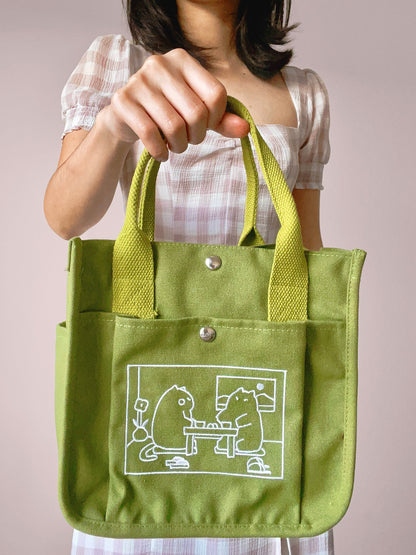Matcha Cat Embroidered Canvas Tote Bag - Kawaii Daily Shoulder Bag