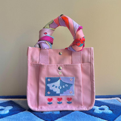 Baby Pink Bird Embroidered Canvas Tote Bag - Kawaii Aesthetic School Bag