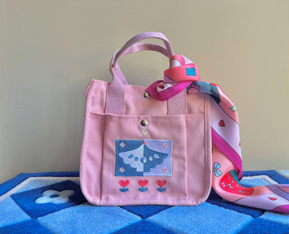 Baby Pink Bird Embroidered Canvas Tote Bag - Kawaii Aesthetic School Bag