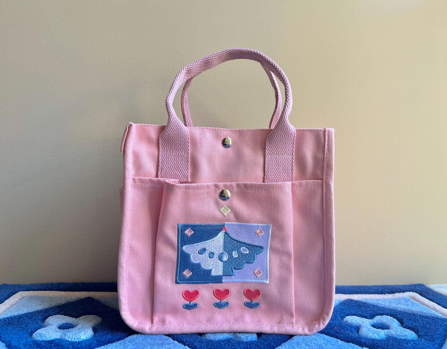 Baby Pink Bird Embroidered Canvas Tote Bag - Kawaii Aesthetic School Bag