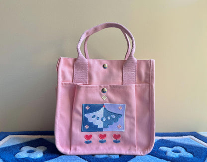 Baby Pink Bird Embroidered Canvas Tote Bag - Kawaii Aesthetic School Bag