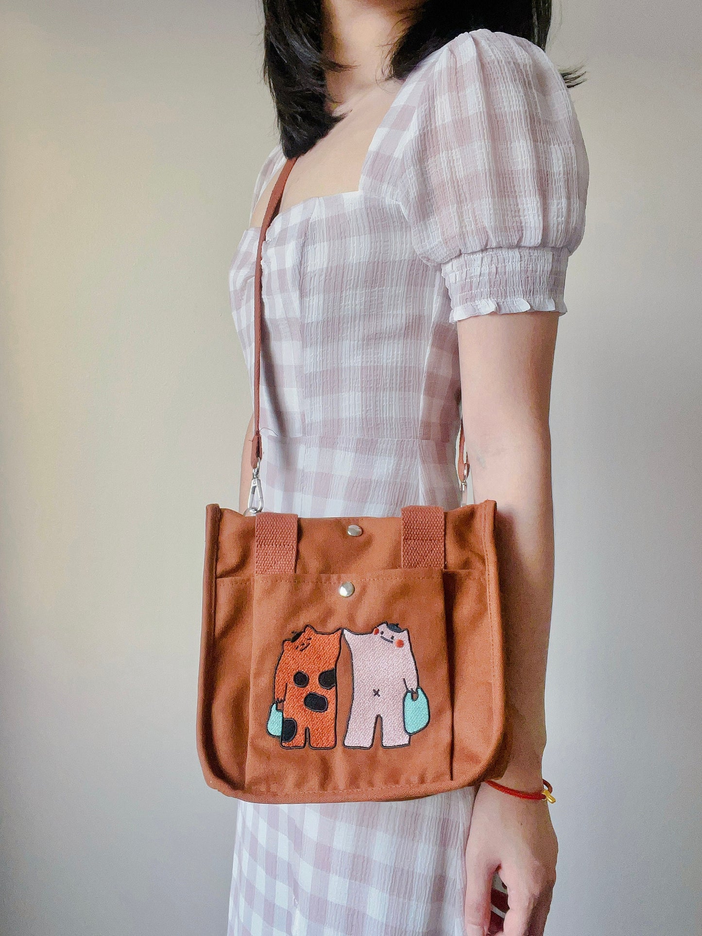 Brown Tiger Cat Embroidered Canvas Tote Bag - Kawaii Vintage School Bag